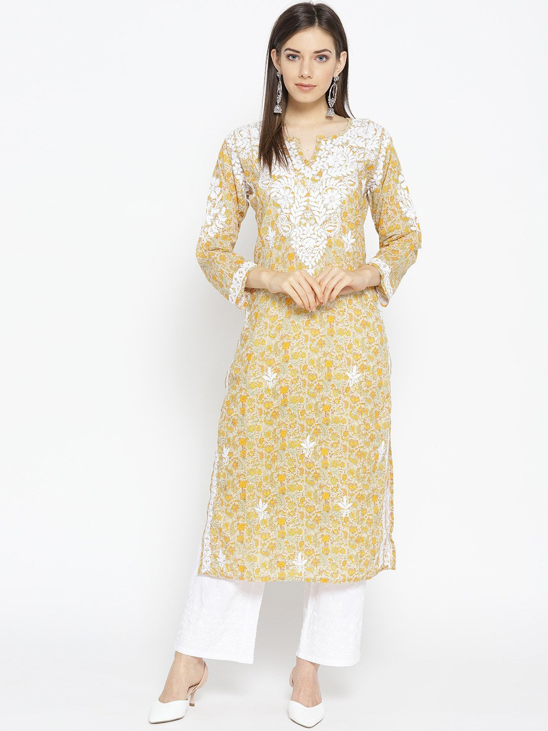 Ada Hand Embroidered Fawn Yellow Cotton Lucknow Chikankari Kurta- A100031
