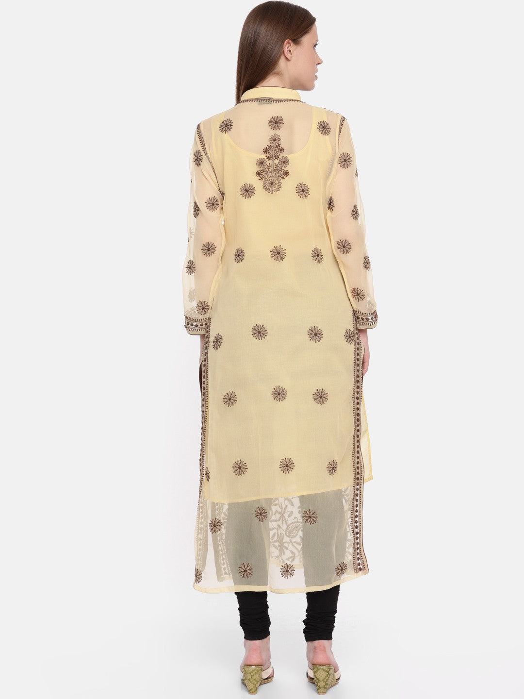 Ada Hand Embroidered Fawn Georgette Lucknow Chikan Straight Kurta with Slip A224909