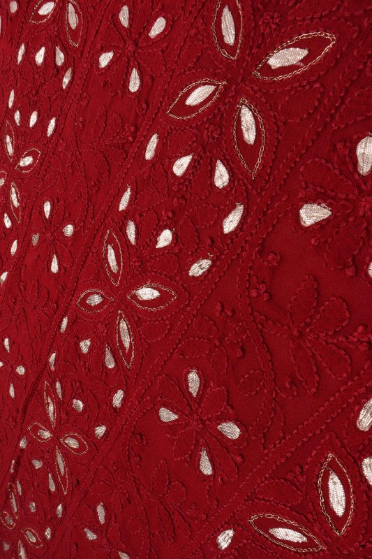 Ada Hand Embroidered Maroon Georgette Lucknowi Chikan Unstitched Kurta Piece With Gota Patti Work A330482