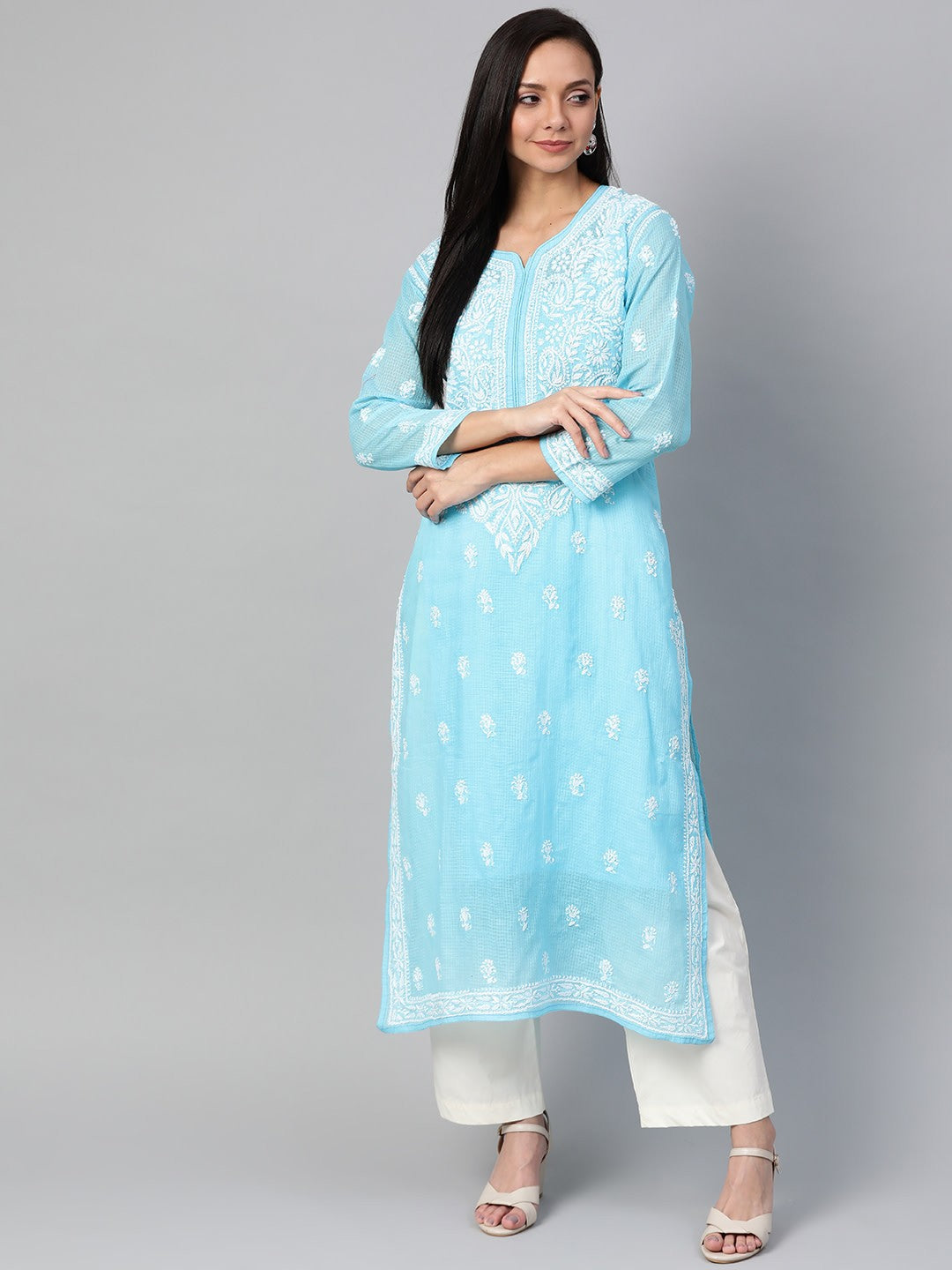 Ada Hand Embroidered Blue Kota Lucknowi Chikankari Straight Kurta With Slip A100534