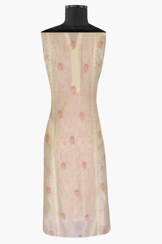 Ada Hand Embroidered Cream White Chanderi Lucknowi Chikan Unstitched Kurta Dupatta Set-A385896