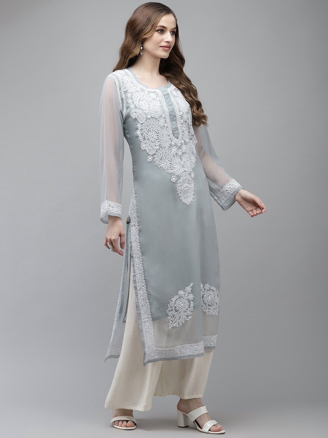 Ada Hand Embroidered Grey Georgette Lucknow Chikan Kurta with Slip A411358