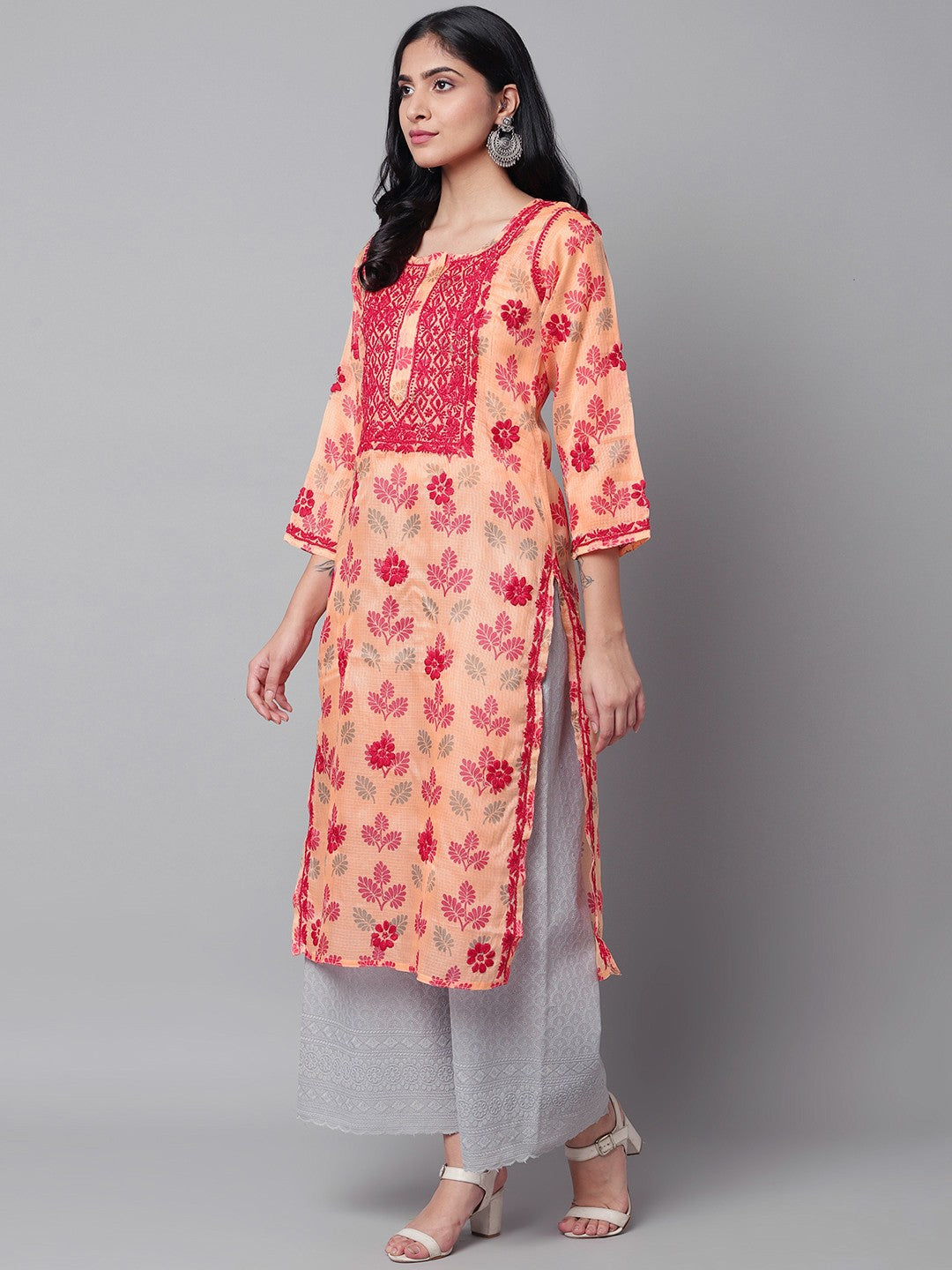 Ada Hand Embroidered Peach Kota Lucknowi Chikankari Straight Kurta A100582