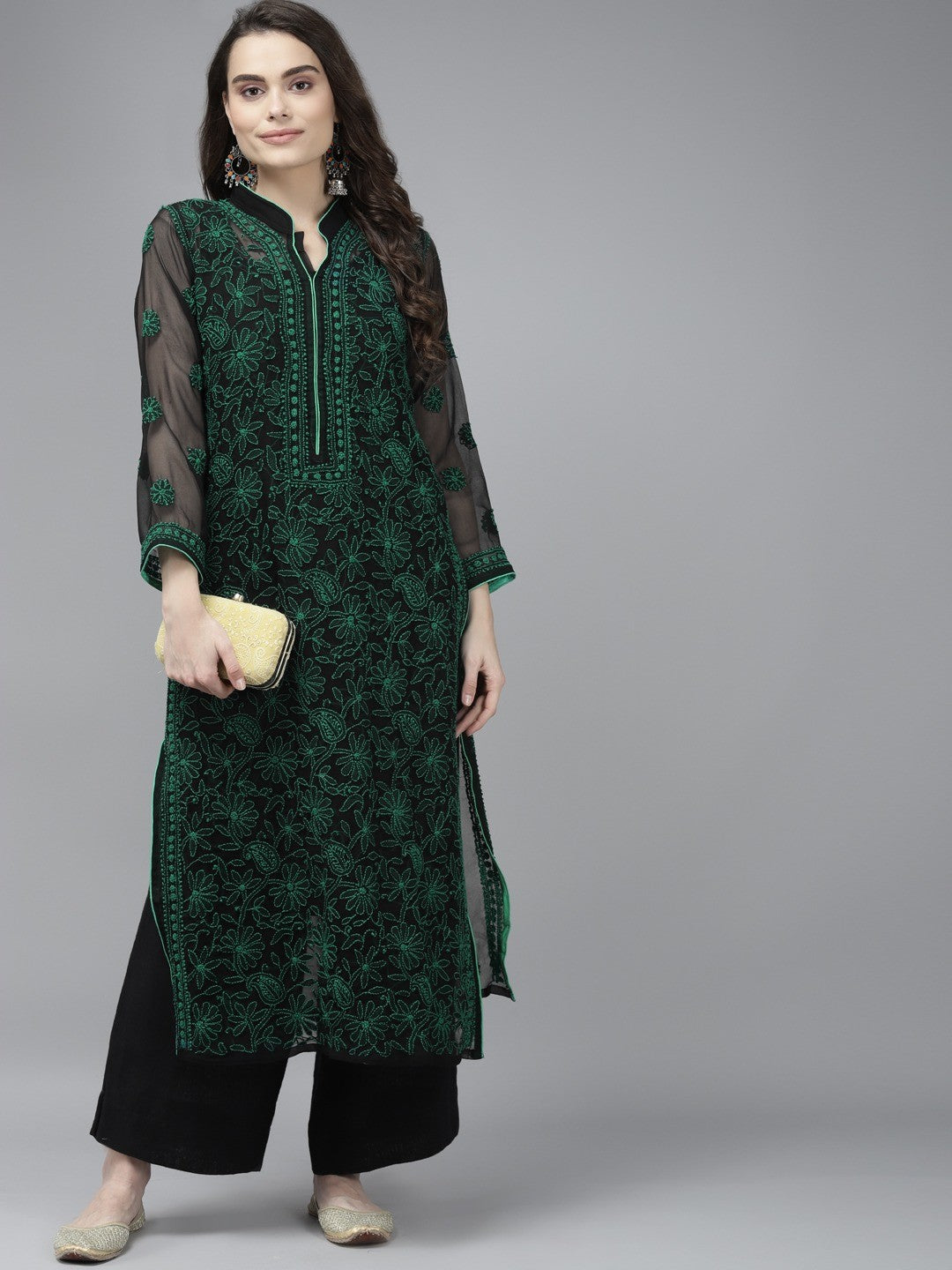 Ada Hand Embroidered Black Georgette Lucknow Chikankari Kurta with Slip A224003