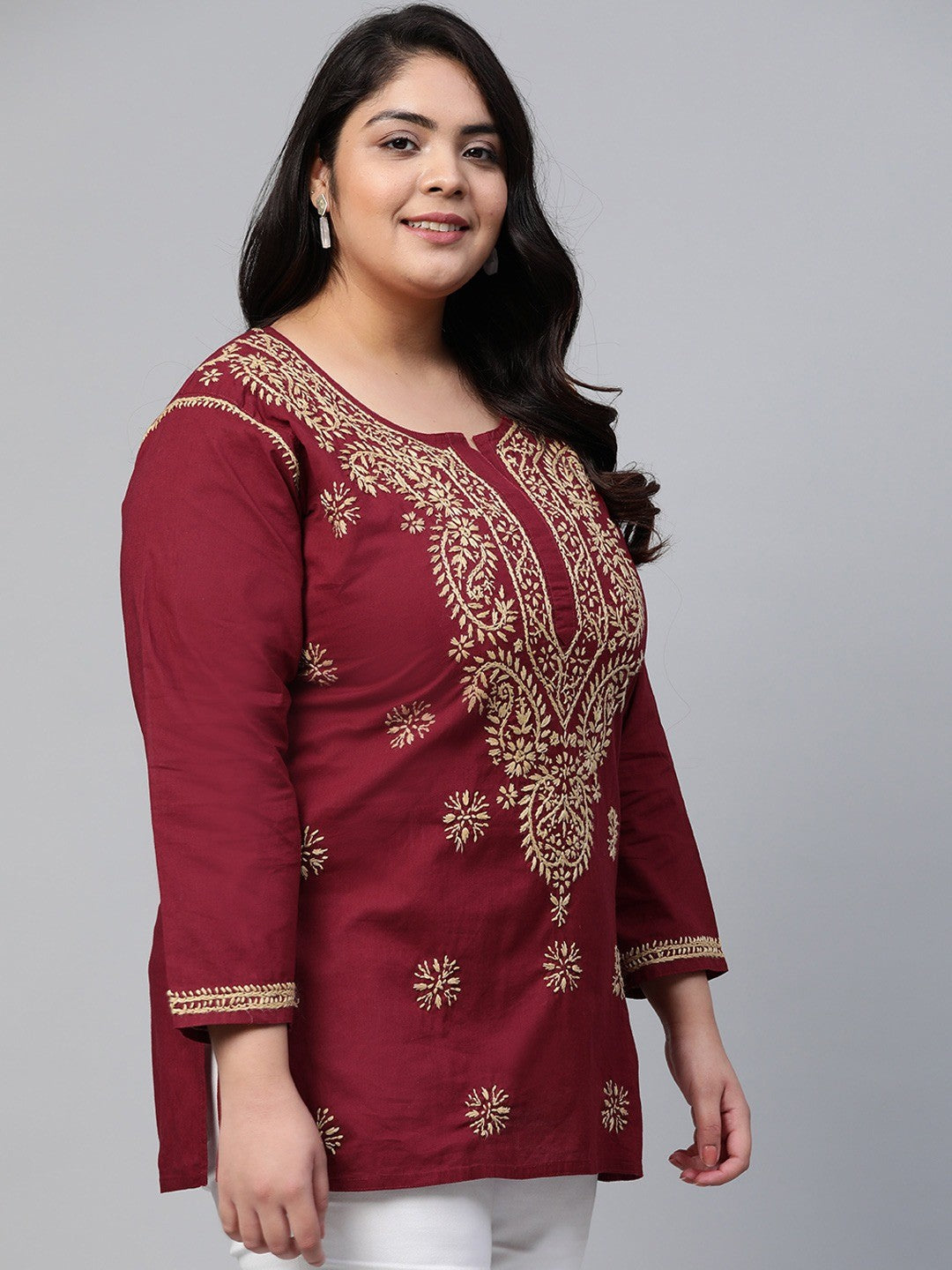 Ada Hand Embroidered Maroon Cotton Lucknowi Chikan Short Kurti A250481