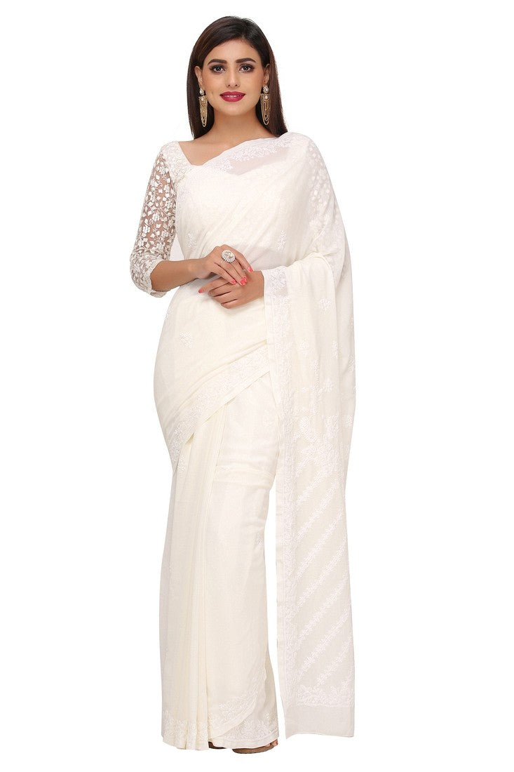 Ada Hand Embroidered Cream Georgette Lucknow Chikan Saree with Blouse A204290