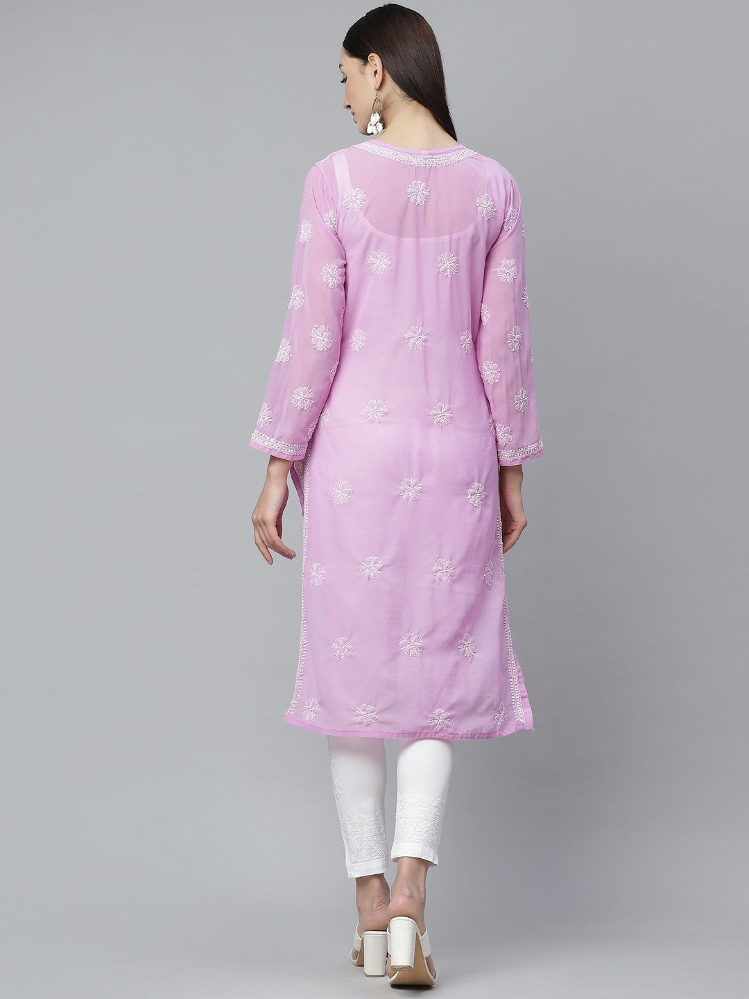 Ada Hand Embroidered Lavender and White Georgette Lucknowi Chikankari Kurta with Trouser Set A811141
