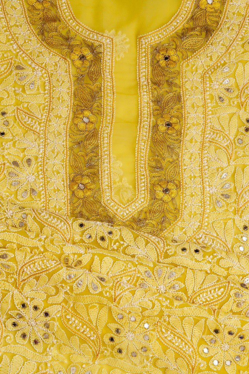 Ada Hand Embroidered Sunglow Yellow Georgette Lucknowi Chikan Unstitched Kurta Dupatta with Gota patti Work A576962