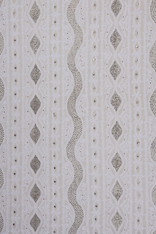 Ada Hand Embroidered White Pure Georgette Lucknowi Chikan Unstitched Men's Kurta Piece With Muqaish Work- A604625