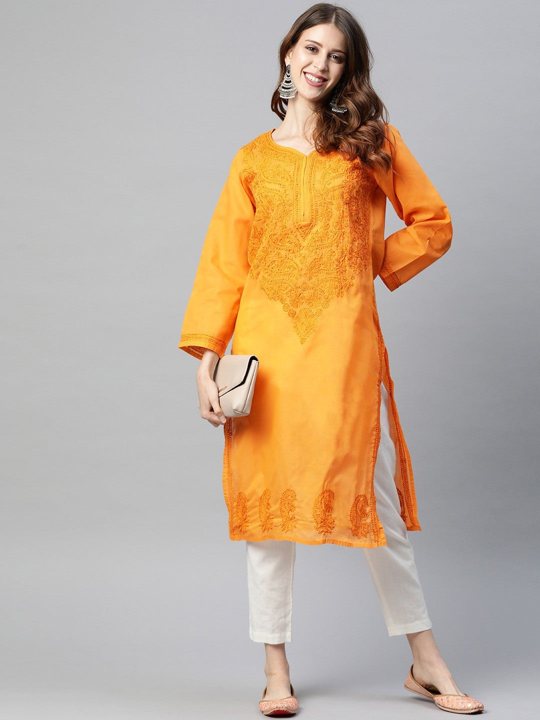 Ada Hand Embroidered Mustard Cotton Lucknowi Chikankari Straight Kurta A231359