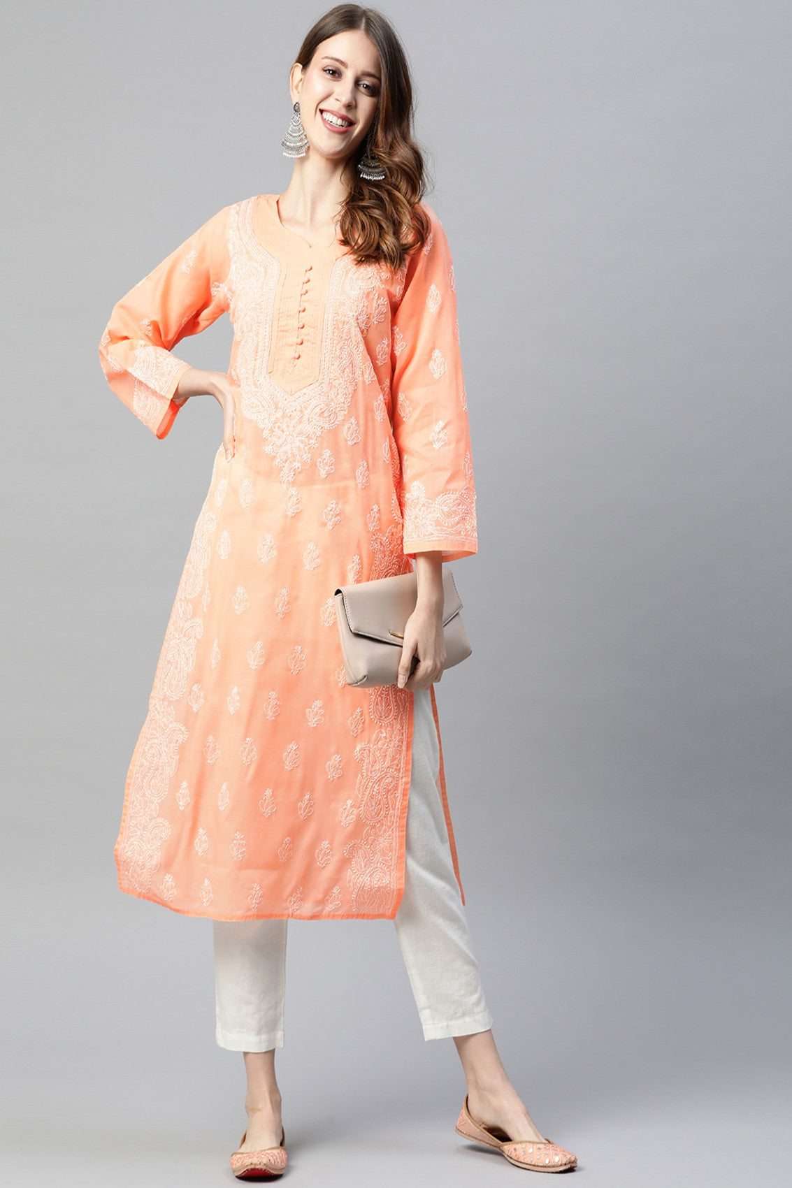 Ada Hand Embroidered Peach Cotton Lucknowi Chikankari Straight Kurta A236287