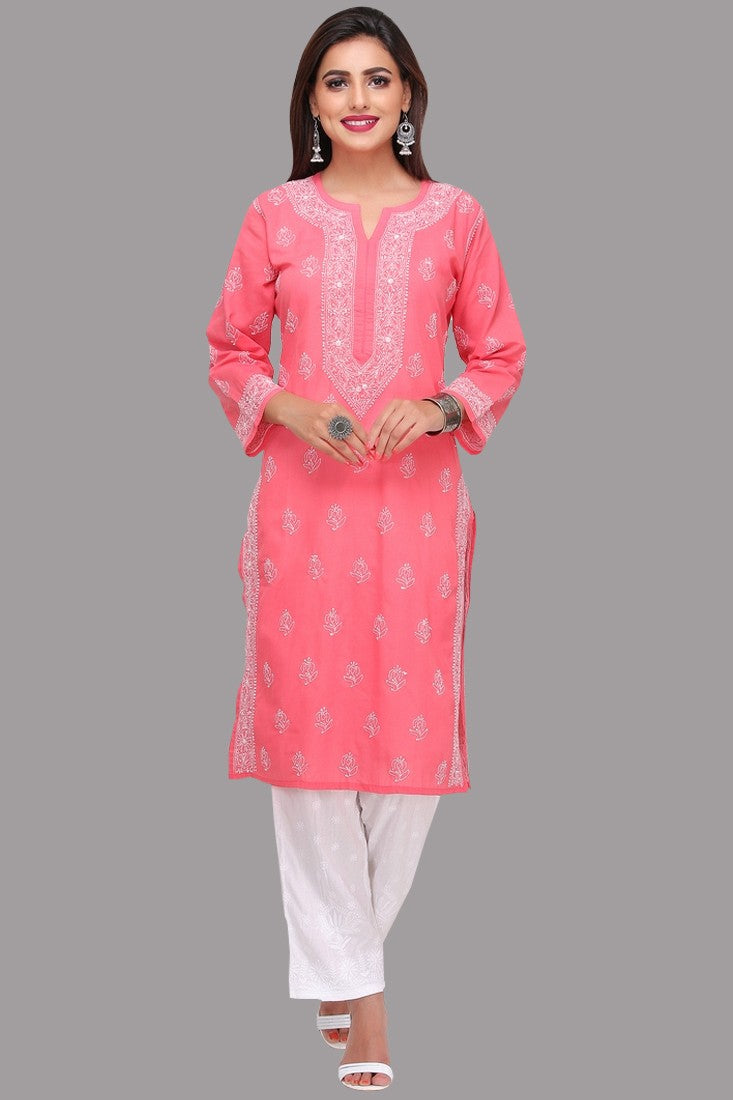 Ada Hand Embroidered Carrot Pink Cotton Lucknow Chikan Kurti A220764