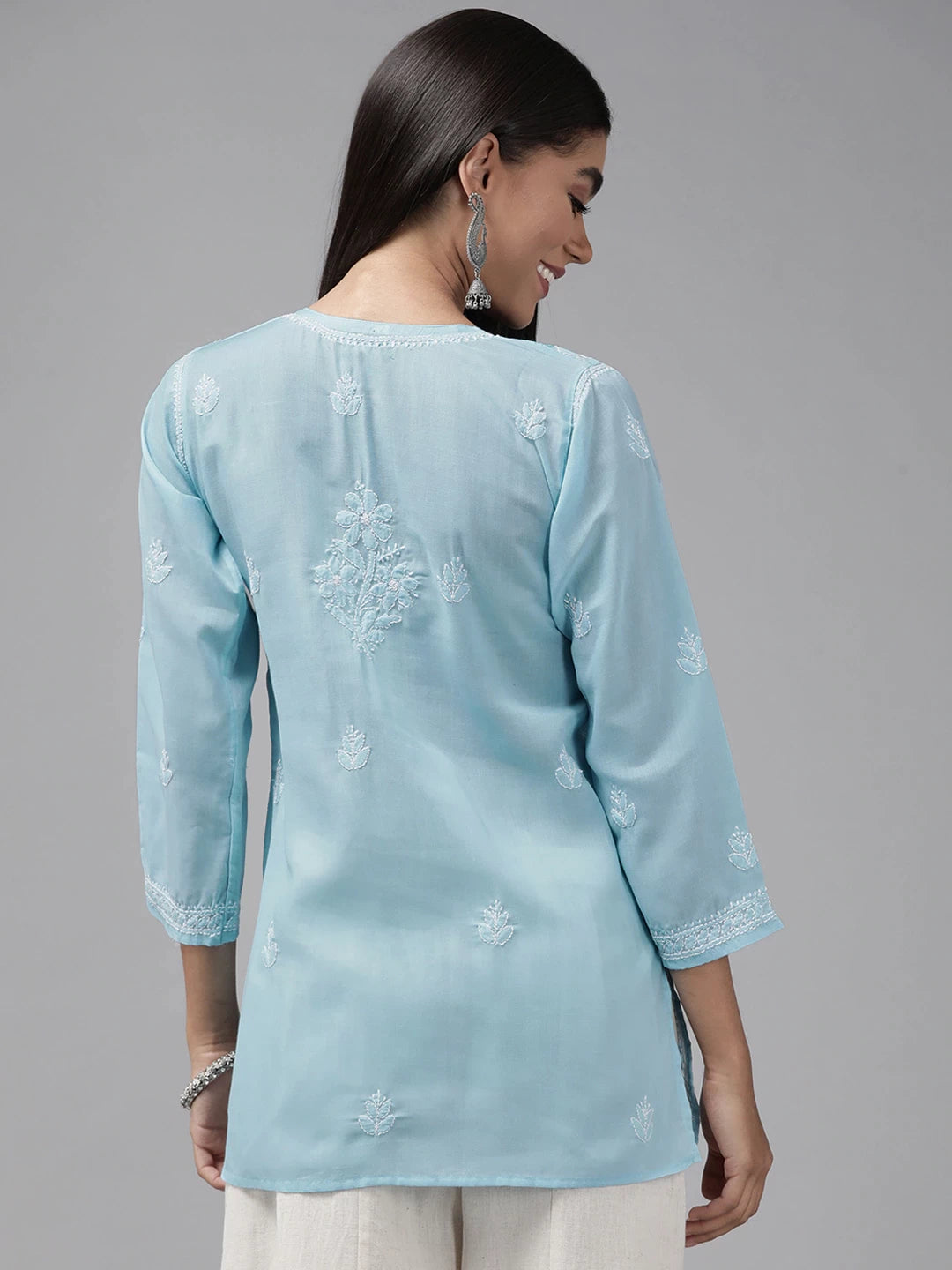 Ada Hand Embroidered Blue Cotton Lucknowi Chikankari Straight Kurti A911238