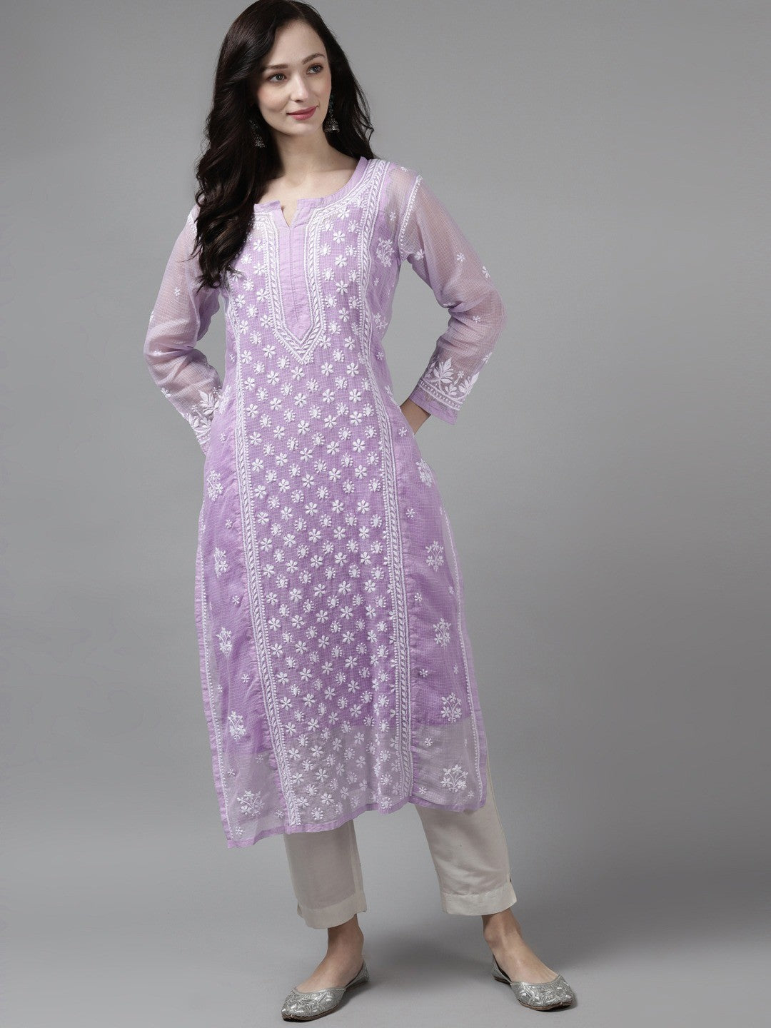 Ada Hand Embroidered Mauve Kota Lucknow Chikankari Kurta With Slip- A411309