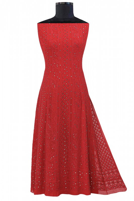 Ada Hand Embroidered Red Pure Georgette Lucknowi Chikankari Semi-stitched Anarkali Kurta Dupatta Set With Muqaish Work- A578342