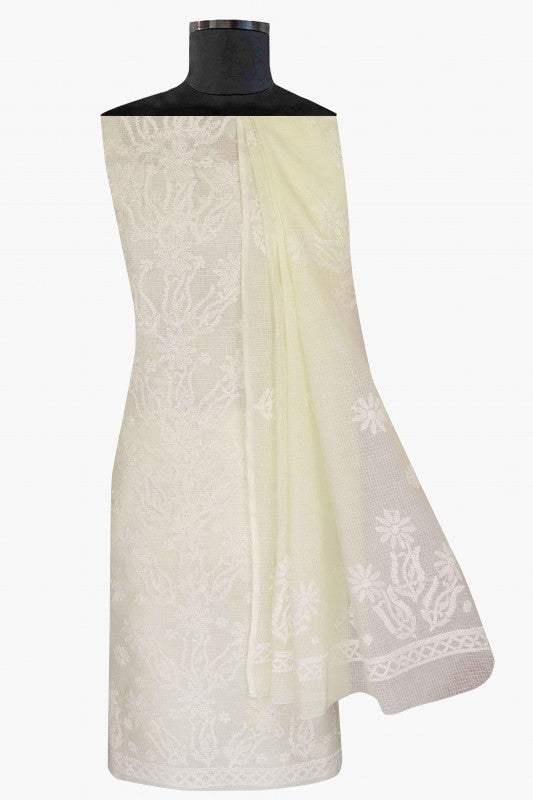 Ada Hand Embroidered Light Lemon Kota Lucknowi Chikan Unstitched Kurta Dupatta Set-A596917