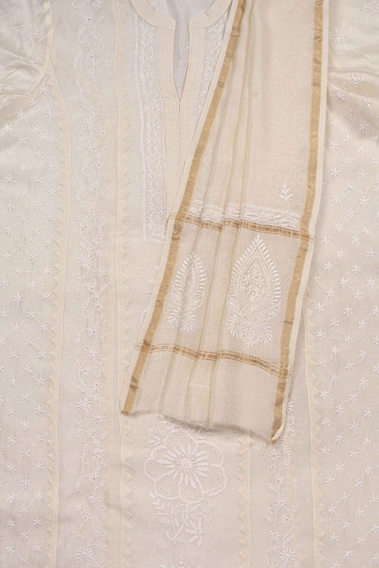 Ada Hand Embroidered Off White Chanderi Lucknowi Chikankari Semi-stitched Kurta Dupatta Set A615490