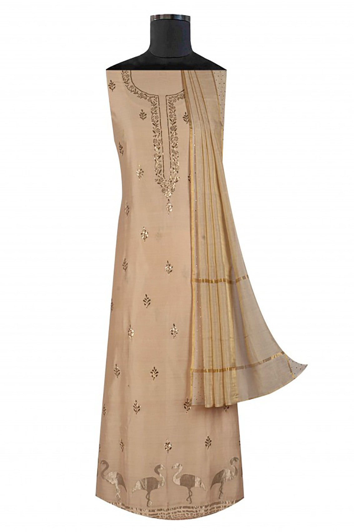 Ada Hand Embroidered Fawn Chanderi Lucknowi Chikankari Unstitched Suit Piece With Gota Patti Work A507952