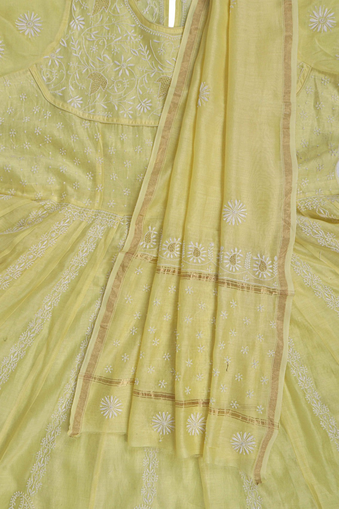 Ada Hand Embroidered Lemon Chanderi Lucknowi Chikankari Semi-Stitched Anarkali Kurta Dupatta Set With Zari Work 01A205829