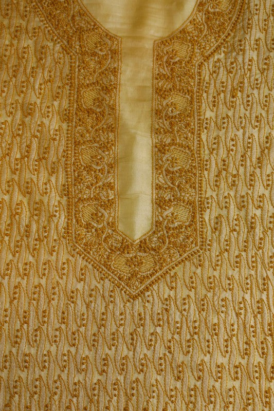 Ada Hand Embroidered Fawn Tusser Silk Chikan Unstitched Kurta Duppata set A606093
