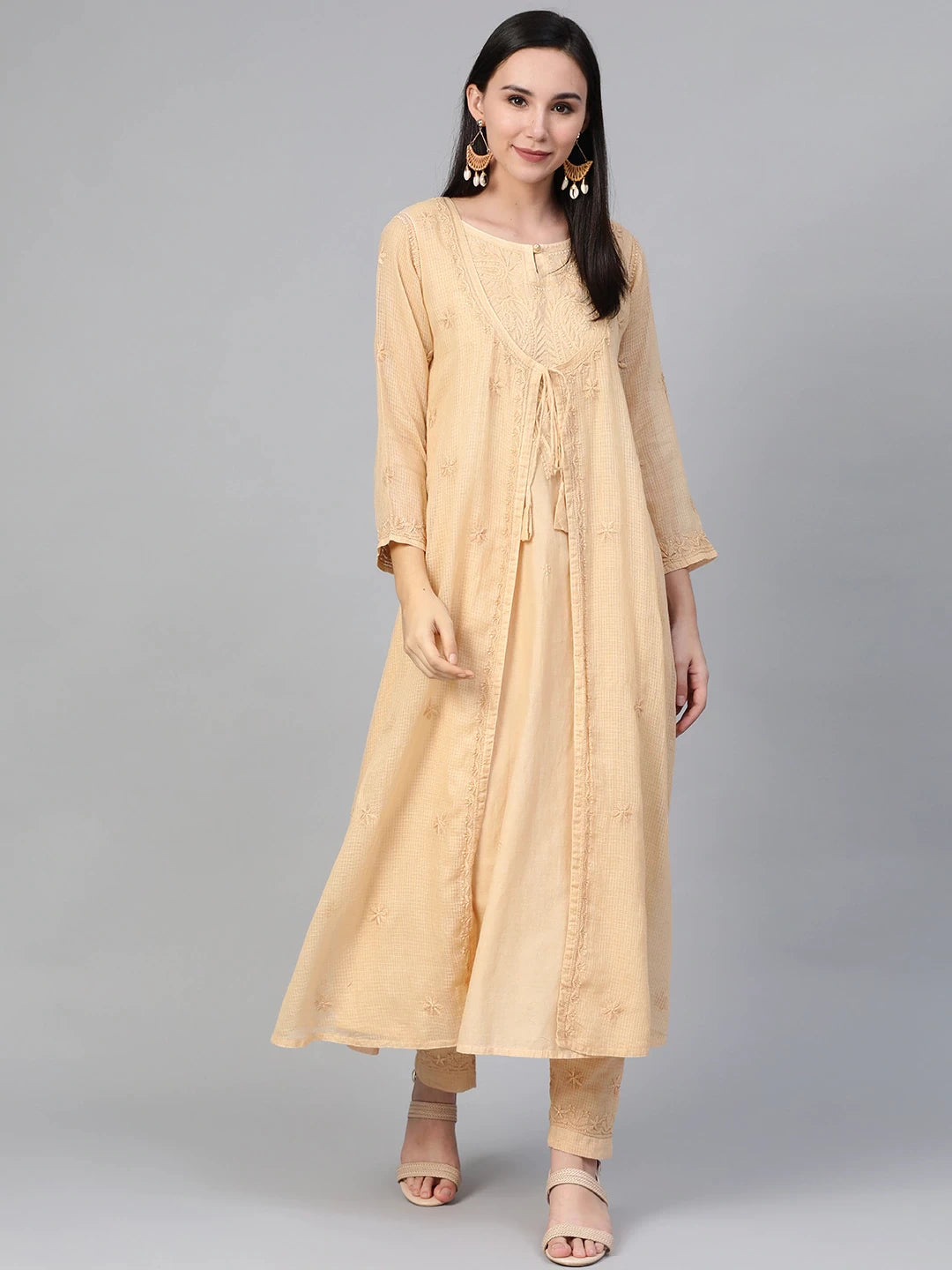 Ada Hand Embroidered Beige Kota Lucknowi Chikankari A-line Kurta With Trouser Set A100552