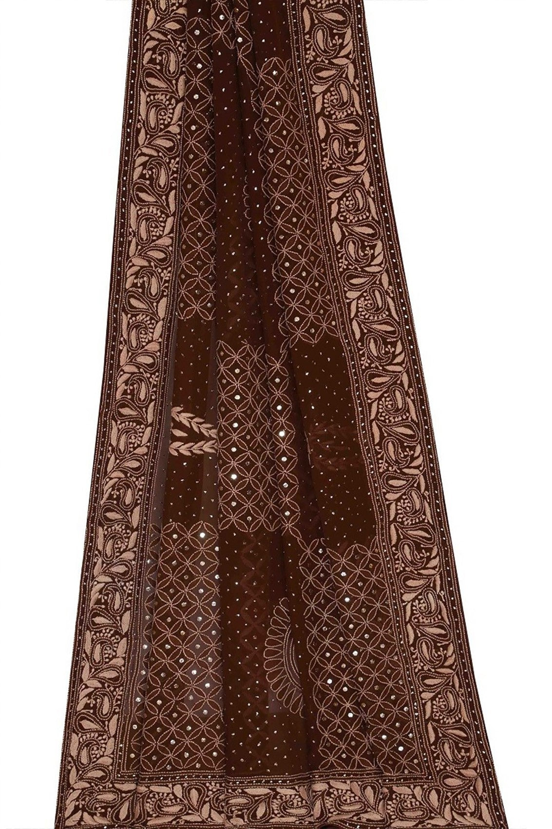 Ada Hand Embroidered Dark Brown Pure Georgette Lucknowi Chikankari Dupatta With Muqaish Work A430703