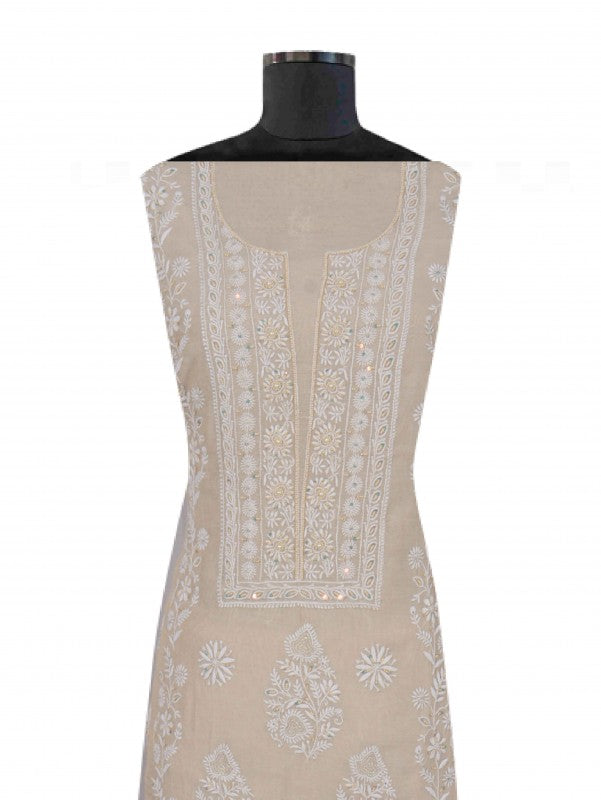 Ada Hand Embroidered Natural Fawn Tissue Lucknowi Chikankari Unstitched Kurta Dupatta Set With Pearl Work 01A193516