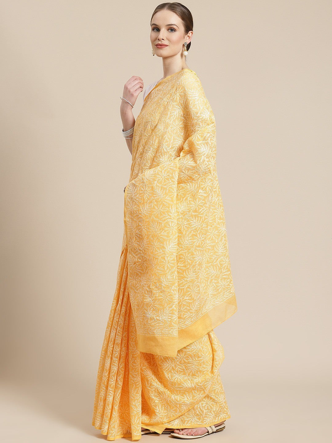 Ada Hand Embroidered Mustard Kota Lucknow Chikan Saree With Blouse- A311226