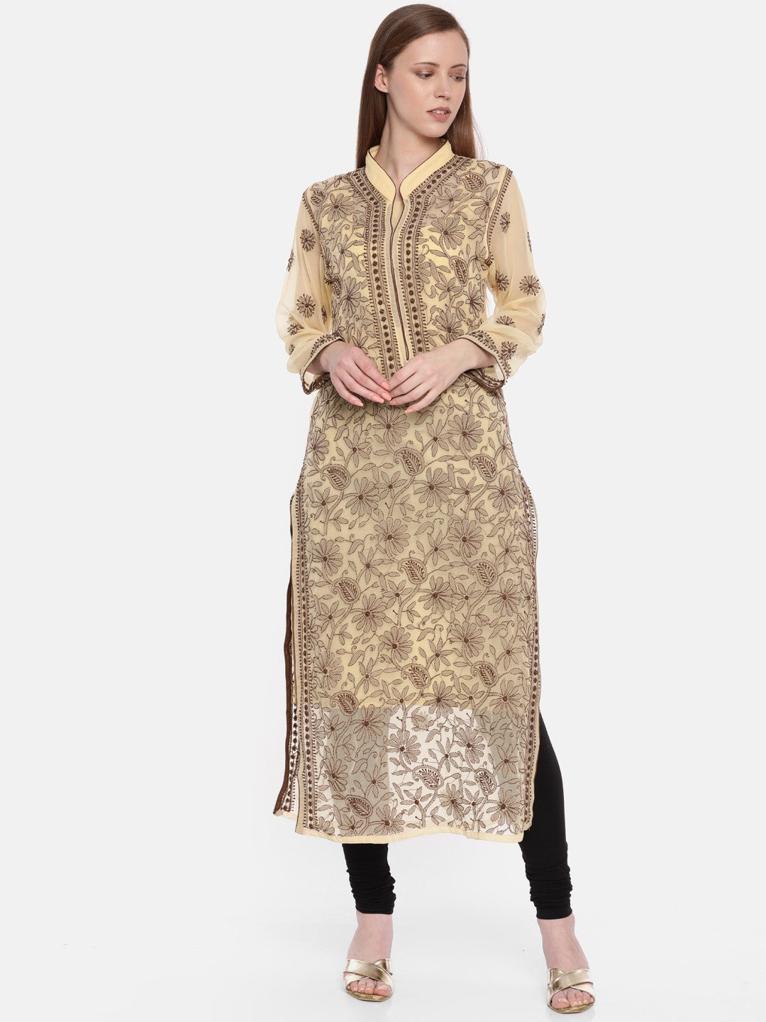 Ada Hand Embroidered Fawn Georgette Lucknow Chikan Straight Kurta with Slip A224909