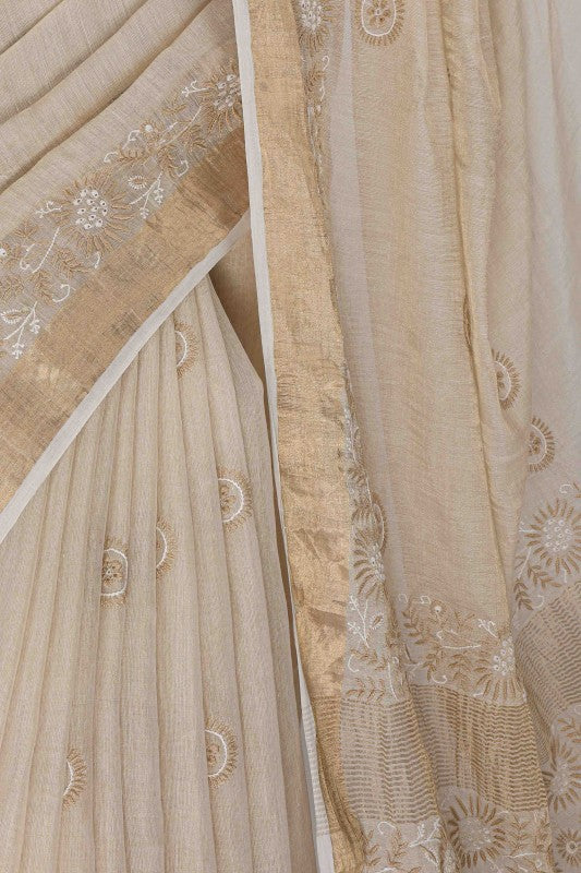 Ada Hand Embroidered Natural Fawn Tissue Lucknowi Chikankari Saree With Blouse A615145