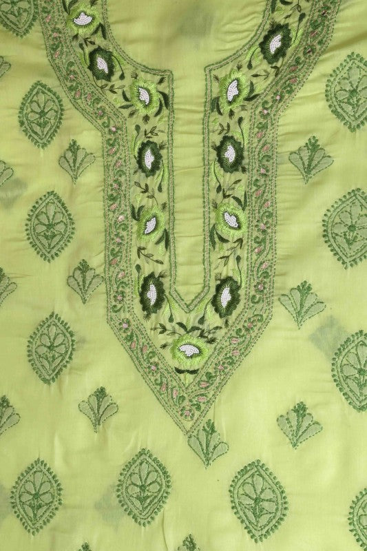 Ada Hand Embroidered Lime Green Cotton Lucknowi Chikan Unstitched Kurta Piece With Gota Patti Work- A268319