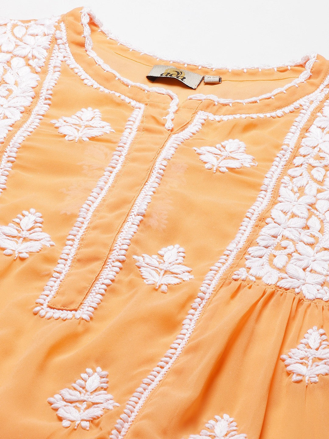 Ada Hand Embroidered Orange Georgette Lucknowi Chikankari Flared Kurti with slip A911149