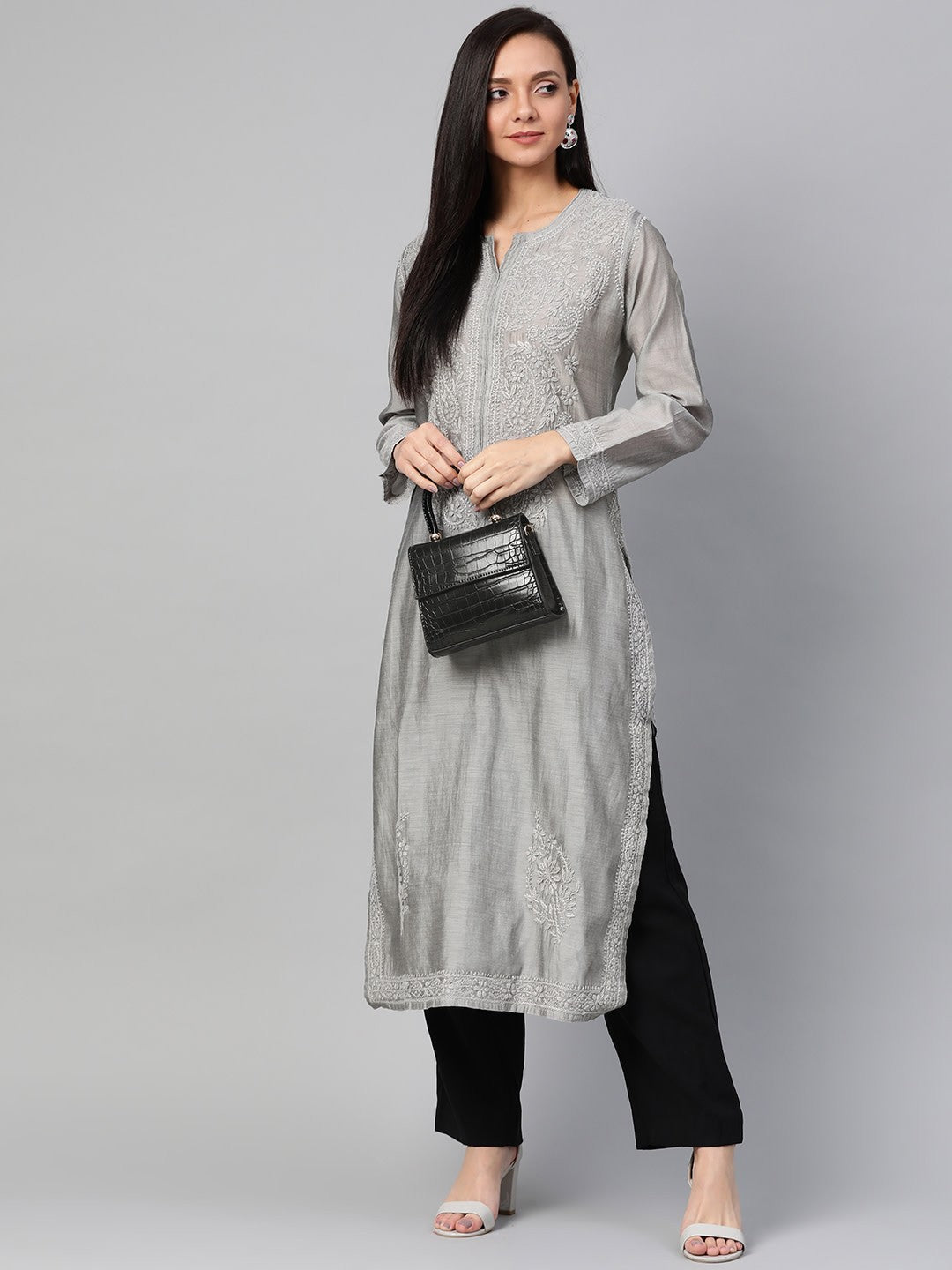 Ada Hand Embroidered Grey Chanderi Lucknowi Chikankari Straight Kurta - A100477