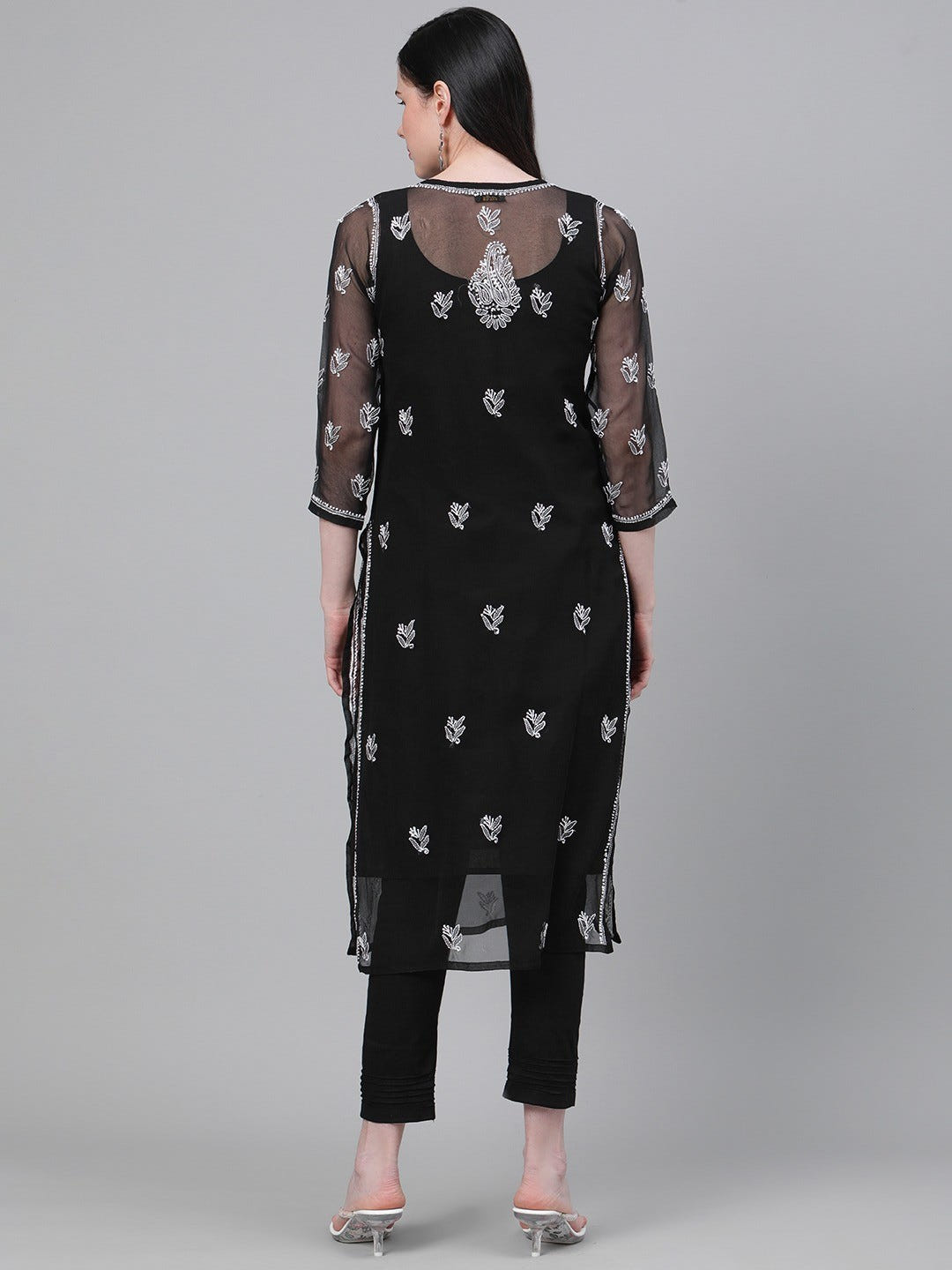 Ada Hand Embroidered Black Georgette Lucknowi Chikankari Kurta Set With Slip A811148