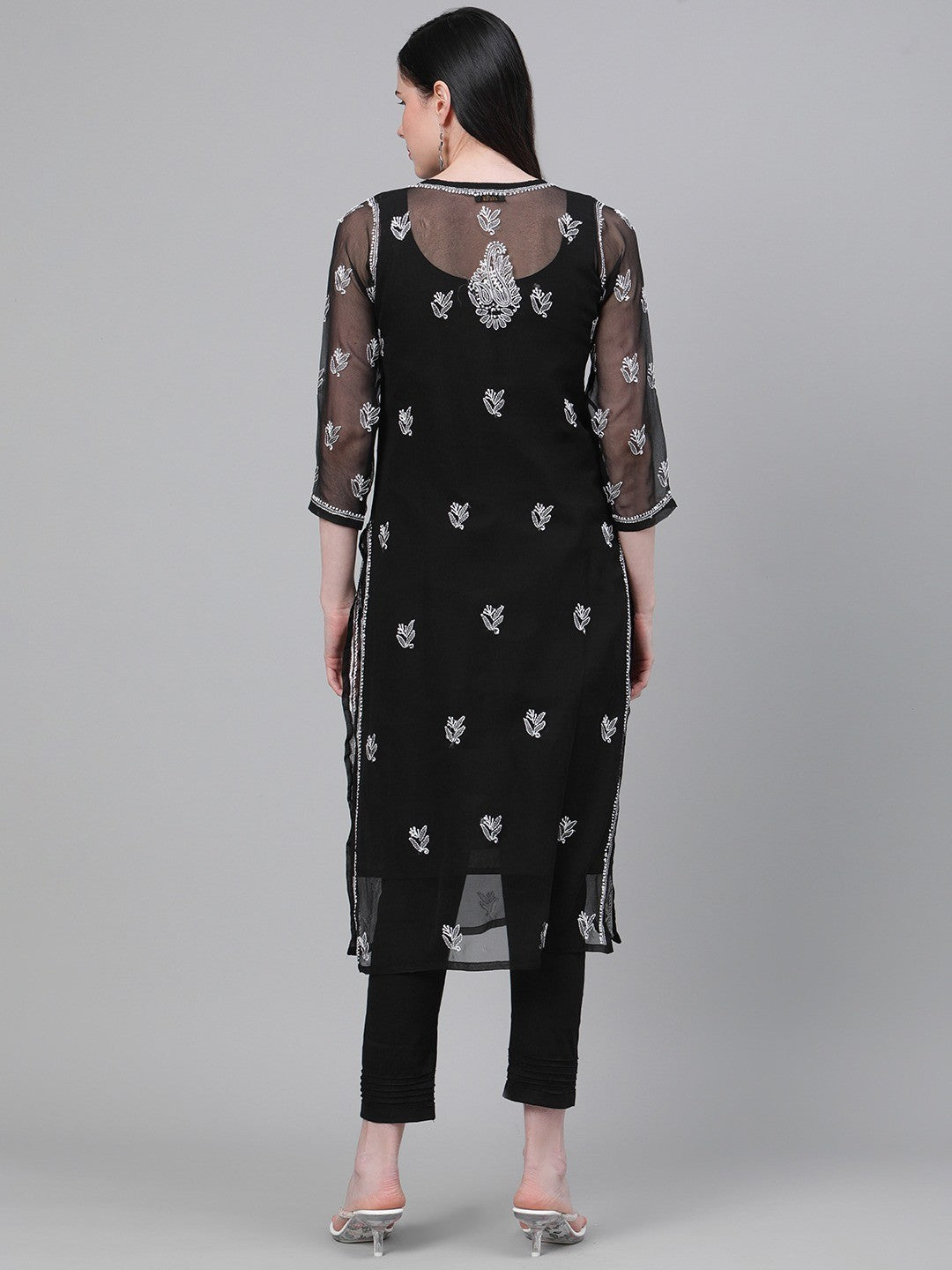 Ada Hand Embroidered Black Georgette Lucknowi Chikankari Kurta Set With Slip A811148