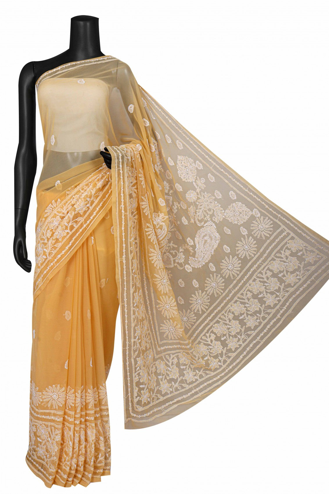 Ada Hand Embroidered Fawn Georgette Lucknowi Chikankari Saree With Blouse A521884