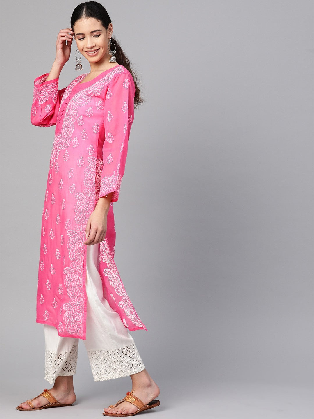 Ada Hand Embroidered Pink Cotton Lucknowi Chikankari Straight Kurta A100354