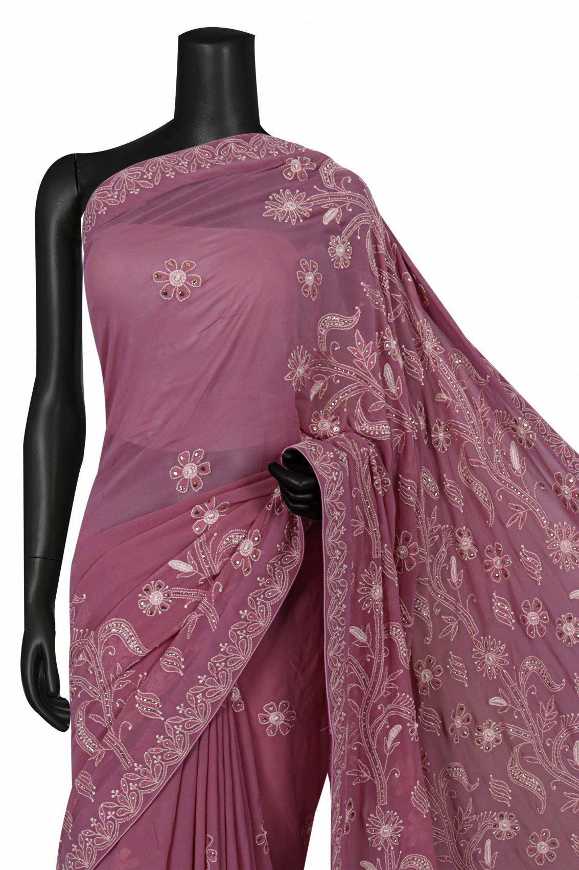 Ada Hand Embroidered Mauve Pure Georgette Lucknowi Chikankari Saree/Blouse with Muqaish Work A310154