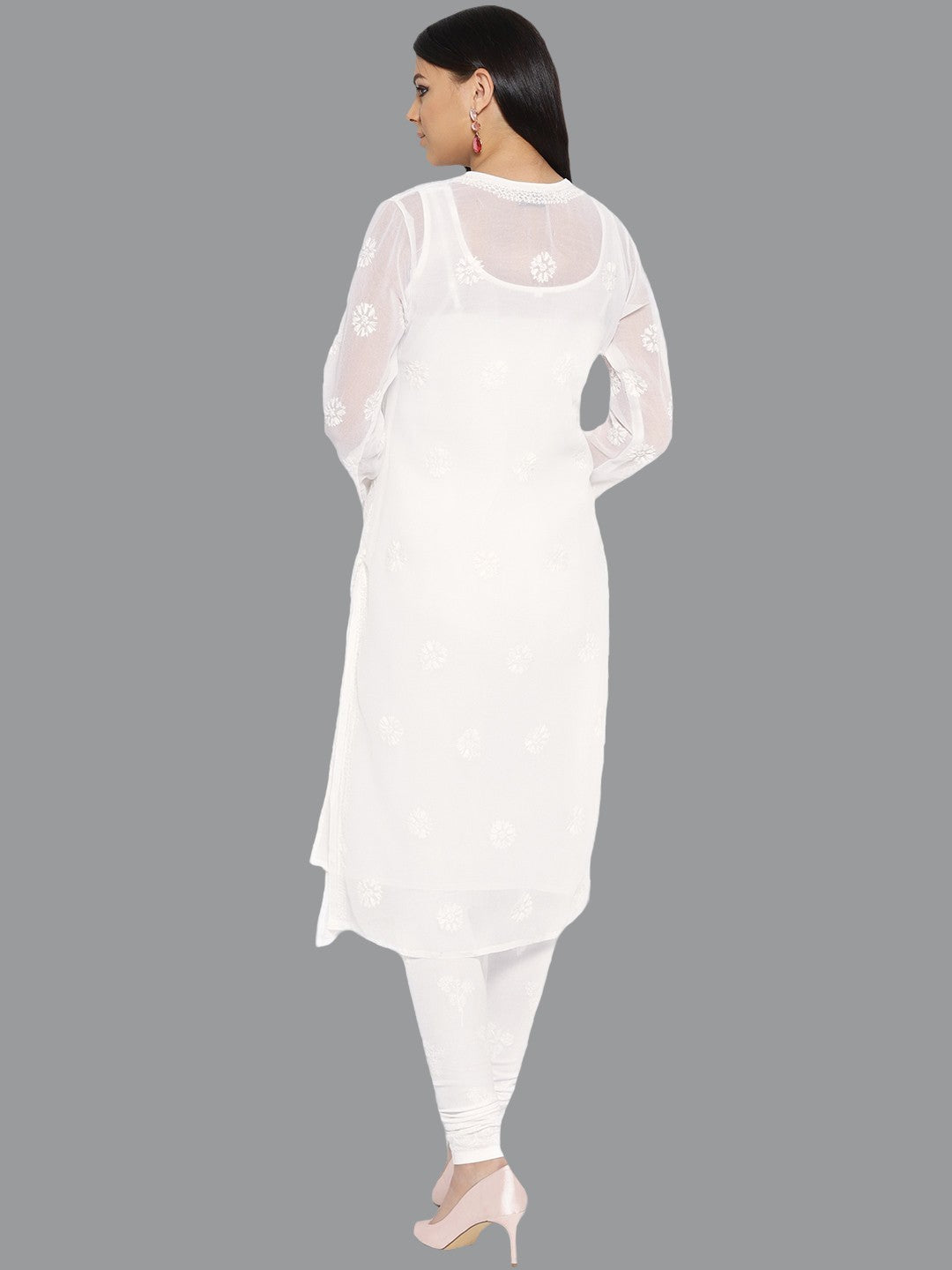 Ada Hand Embroidered White Georgette Lucknowi Chikankari Kurta with Churidar Set with Slip A100019