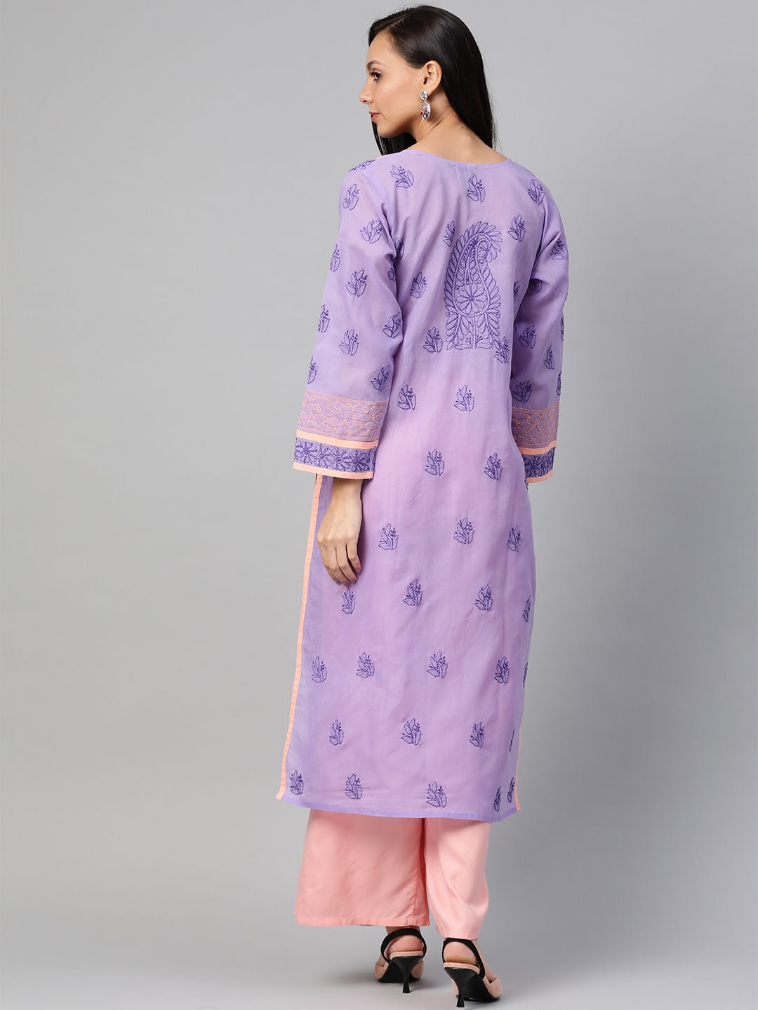 Ada Hand Embroidered Mauve Cotton Lucknow Chikan Straight Kurta- A273491