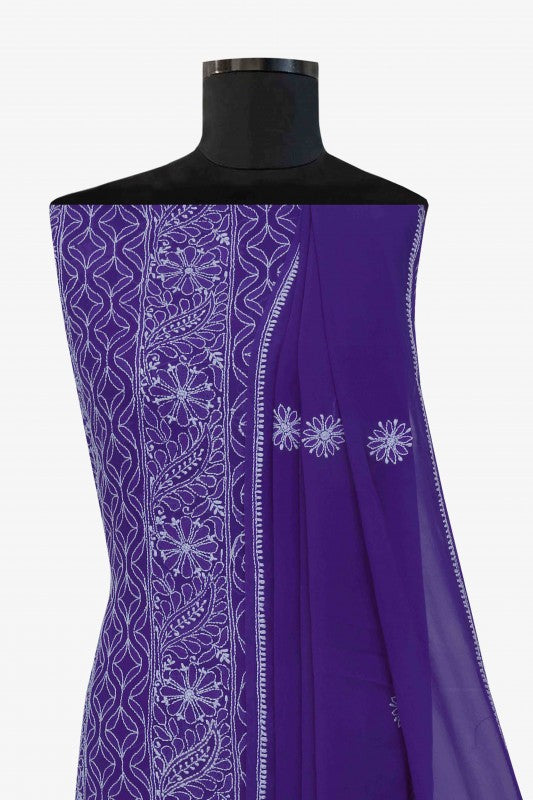 Ada Hand Embroidered Grape Purple Pure Georgette Lucknowi Chikan Unstitched Kurta Dupatta Set A578320