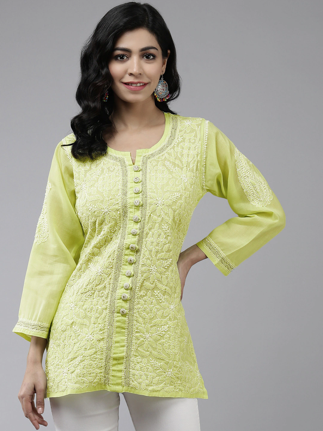 Ada Hand Embroidered Green Cotton Lucknowi Chikankari Short Kurti With Zari Work A911198