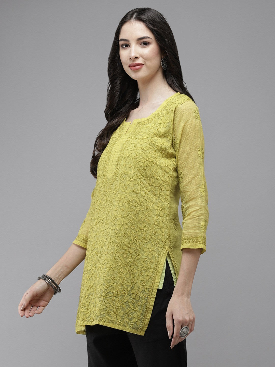 Ada Hand Embroidered Lime Green Kota Lucknowi Chikankari Short Kurti With Slip A911178