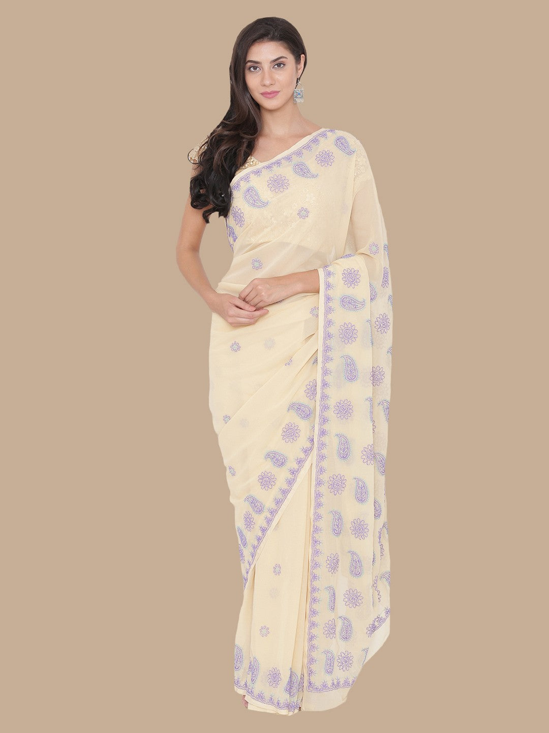 Ada Hand Embroidered Fawn Georgette Lucknowi Chikankari Saree with Blouse A513174