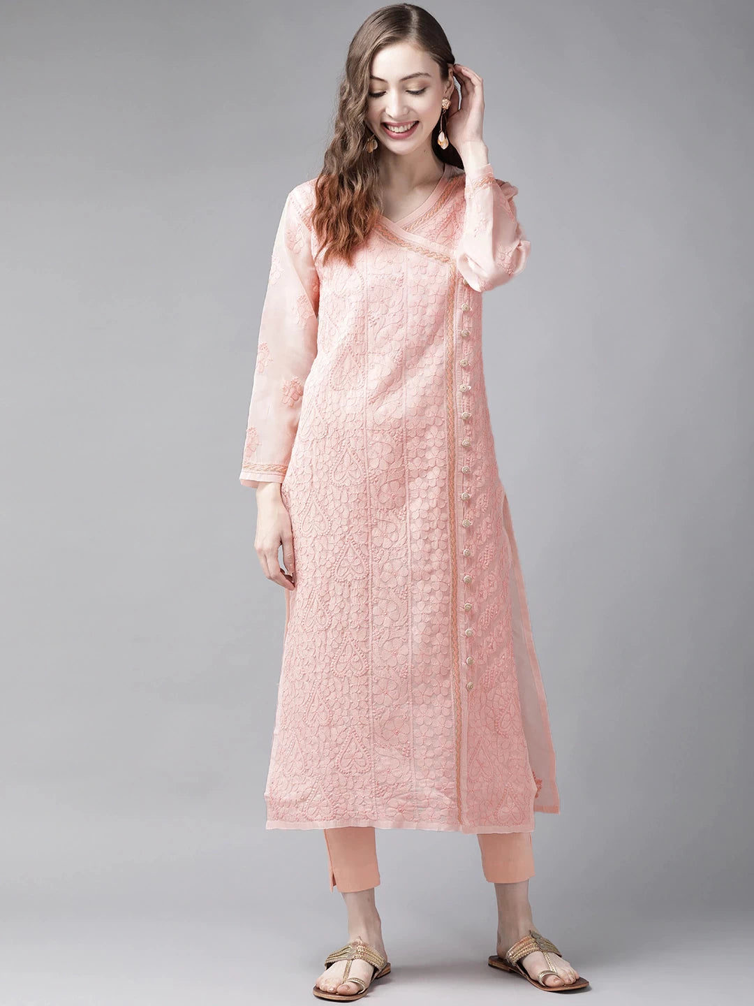 Ada Hand Embroidered Peach Cotton Lucknow Chikan Kurta-A411253