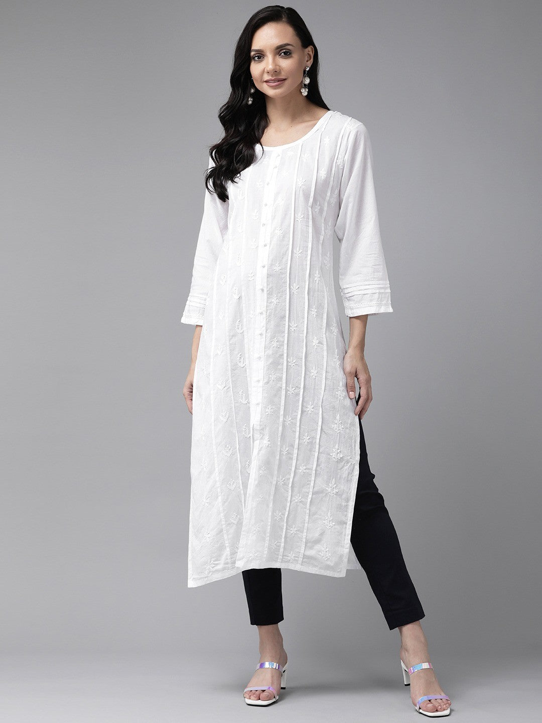 Ada Hand Embroidered White Cotton Lucknow Chikan Kurti-A411230