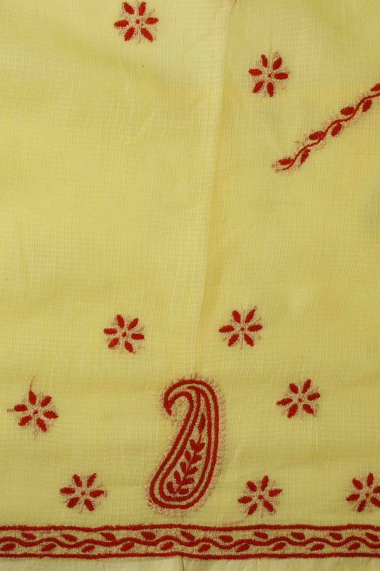 Ada Hand Embroidered Corn Yellow Kota Lucknowi Chikan Unstitched Kurta Piece - A460794