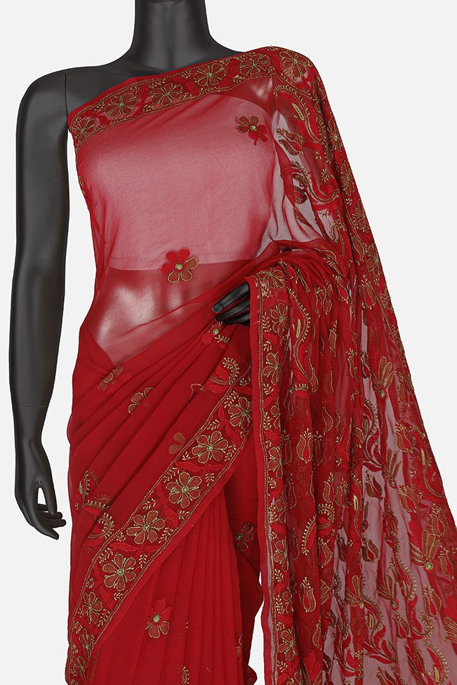 Ada Hand Embroidered Red Georgette Lucknowi Chikankari Saree with Blouse A630390
