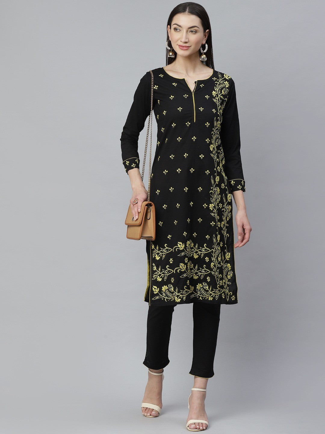 Ada Hand Embroidered Black Cotton Lucknowi Chikankari Straight Kurta With Trouser Set A811130