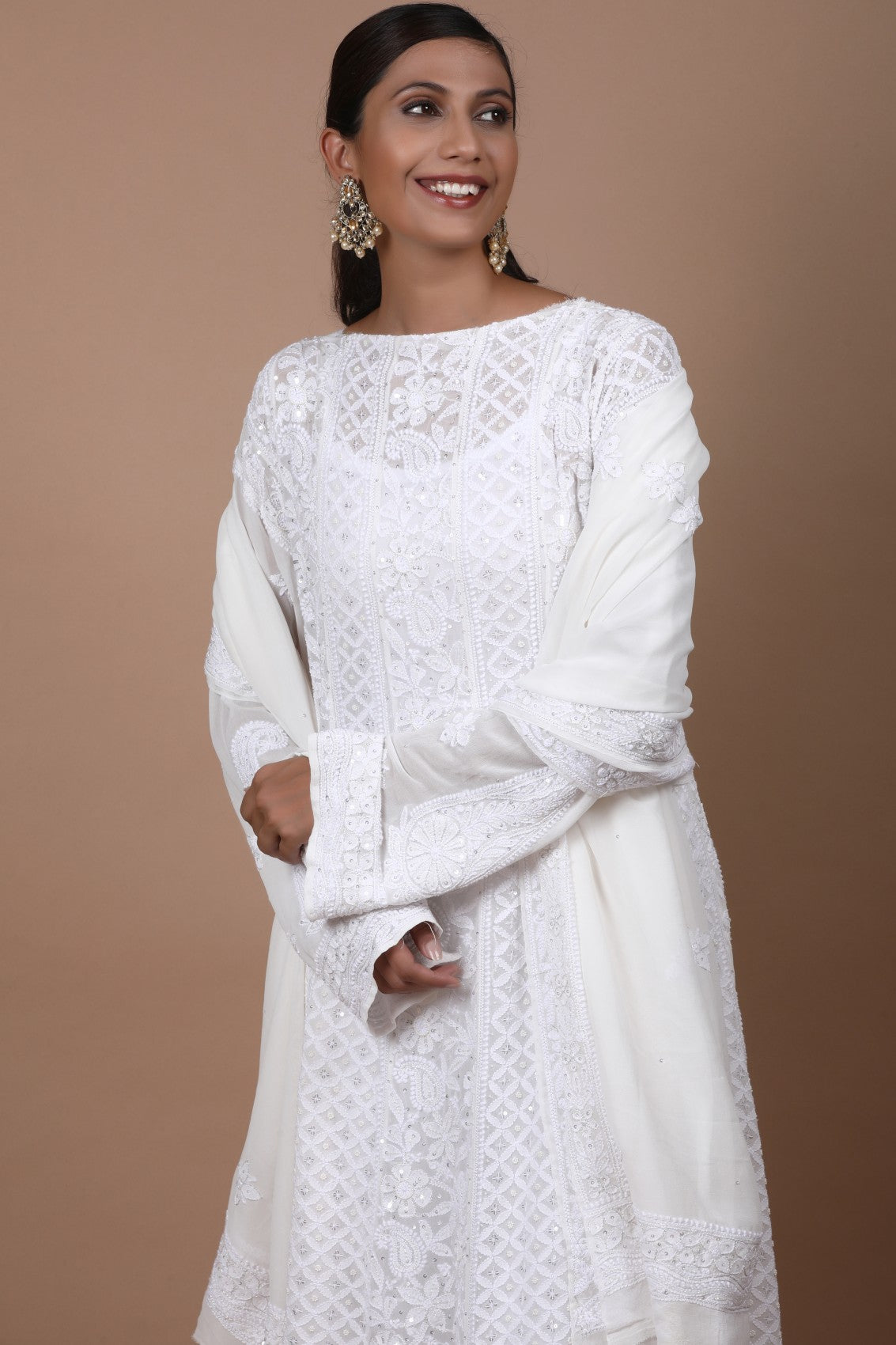 Ada Hand Embroidered White Pure Georgette Lucknowi Chikankari Semi-Stitched Anarkali Kurta Dupatta Set With Pearl Work 01A238020